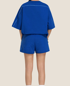 Ensemble de sport 2 pièces bleu pour femme, manches courtes, col rond, tricoté, coupe ample, respirant, printemps-été, couleur unie, ensemble short sportif - Product Image 3