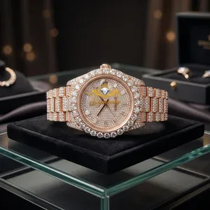 Montre en quartz couleur or rose avec cadran en strass, bracelet, montre-bracelet, bijoux de mode, cadeau, montre en moissanite - Product Image 5
