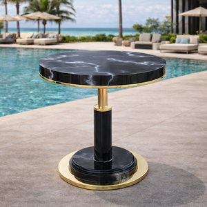 Mesa de Centro Redonda Contemporánea, Superficie de Metal Negro Resistente con Patrón, Base de Pedestal de Metal Dorado, Mueble Elegante para Sala de Estar - Product Image 6