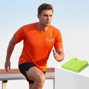 T-shirt à manches courtes pour homme, couleur unie, 100% polyester, évacuation de l'humidité, col rond, haut d'entraînement d'été, orange, vert lime - Product Image 6