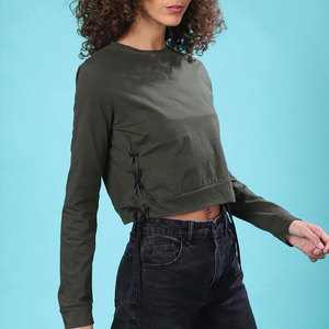 T-shirt en tricot à manches longues et col rond pour femme, couleur olive, coupe ajustée, décontracté, respirant, couleur unie, toutes saisons - Product Image 3