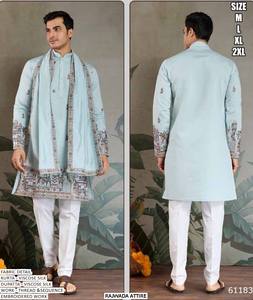Ensemble Kurta pour homme en viscose, coupe régulière, longueur au sol, brodé Bandhani traditionnel, séchage rapide, idéal pour mariage et Diwali - Collection Desert Royal - Product Image 3