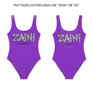 Women Swim Suit 220 GSM Nylon Spandex One Piece Purple Swimsuit <b>Rhinestone</b> Heat Transfer Custom Logo Stretch Swimwear Beachwear - Product Image 1