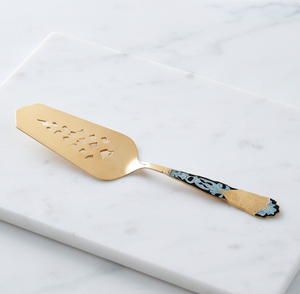 Espátula y cuchillo para servir pasteles de acero inoxidable dorado con diseño curvo de última generación, ideales para ceremonias y bodas. - Product Image 1
