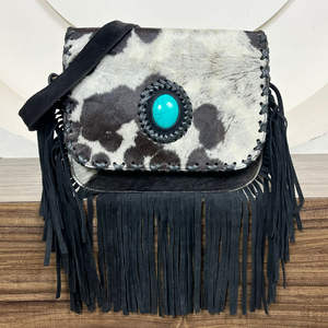 Nuevo estilo occidental pelo en piel de ante con flecos bolso de hombro de cuero bohemio de alta calidad para mujer con piedra turquesa - Product Image 4