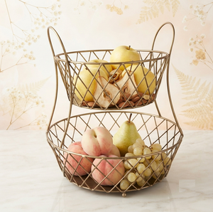 Panier à fruits à deux niveaux en fil métallique avec poignée pour le rangement et la présentation en cuisine, style bol - Product Image 1