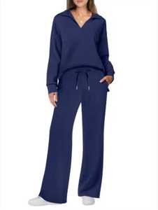 Conjunto Deportivo de Mujer de Color Sólido, Pantalones Largos con Cordón, Cuello Camisero, Manga Larga, Ropa Casual Transpirable de Algodón para Otoño - Product Image 2