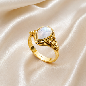 925 Sterling <b>Silver</b> Pear Rainbow Moonstone Vintage Rope Bezel Artisan Boho <b>Statement</b> <b>Ring</b> Rose Gold & Yellow Gold Plated - Product Image 3