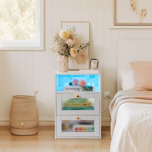 Changhong Glass 40*35*60cm <b>Bedside</b> <b>Table</b> 2 Drawers 1 Layer White Hemp Surface Particle Board Nightstands <b>Wireless</b> <b>Charging</b> 2 USB - Product Image 2
