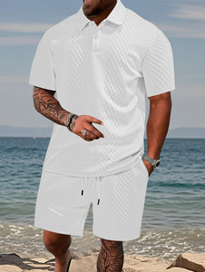 Wholesale Summer Turn <b>Down</b> Collar 2pcs Set Solid Color Short Sleeve Short <b>Pants</b> Men's Outdoor Casual Suit - Product Image 2