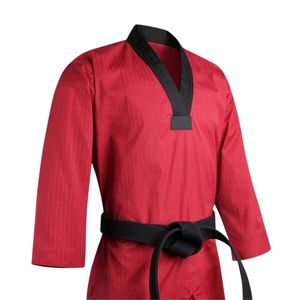 Uniforme completo de Taekwondo rojo, traje de entrenamiento con cuello en V negro, tela de alto rendimiento, conjunto de equipo de combate de Taekwondo con Dobok - Product Image 4