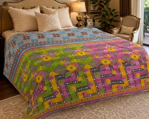 Wholesale Handmade Cotton Kantha <b>Quilt</b> King Queen Size Reversible Bedspread Indian Block Print <b>Quilt</b> Lightweight <b>Bedding</b> Blanket - Product Image 1
