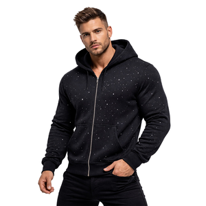 Sweat-shirt à capuche zippé noir pour homme avec strass, en molleton personnalisé, style streetwear décontracté avec poches avant - Product Image 4