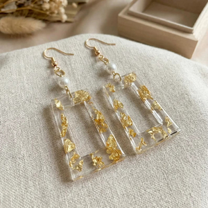 Handmade Resin Earrings With Gold Leaf And Pearl Luxury Style Clear Rectangular <b>Drop</b> Earrings - Product Image 1
