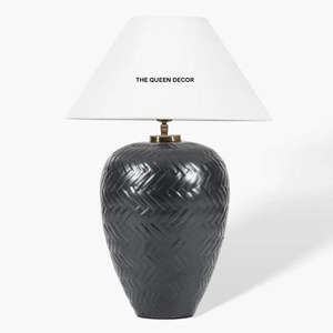 New Arrival Premium Aluminum Metal Round Shape With White Fabric Shade Embossed Texture Black Antique Finish Table Lamp - Product Image 1