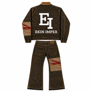 Custom Logo Luxury Designer Men Leopard Print Tracksuit Set | Premium Brand Embroidery <b>Zip</b>-<b>Up</b> <b>Jacket</b> & Flared Jeans - Product Image 2