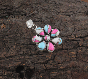 SHREE JAIPUR SILVER Pendentif Fleur Vintage Bohème en Argent Sterling 925 avec Pierre Composée Turquoise 'Cotton Candy' Fin - Product Image 3