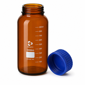 Botella de laboratorio ámbar de vidrio borosilicato de 1000ml Diseño redondo de boca ancha con tapón de rosca de polipropileno y anillo de vertido azul - Product Image 5