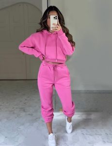 Conjunto de chándal de 2 piezas para mujer, sudadera corta con capucha y pantalones deportivos, color sólido, corte holgado informal, para todas las estaciones - Product Image 3