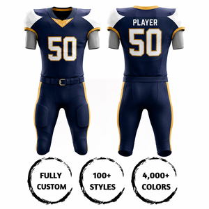 Conjunto de Pantalones y Camiseta de Fútbol Americano Sublimados Personalizados, Cuello en V, Manga Corta, Absorbe la Humedad, Azul, Blanco y Dorado, Número 50 - Product Image 4