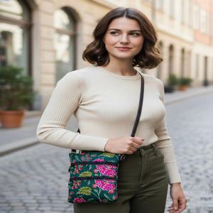Sac bandoulière vertical vert émeraude moderne à imprimé floral doux avec double fermeture éclair, léger, pour femme, idéal pour les voyages décontractés - Product Image 2