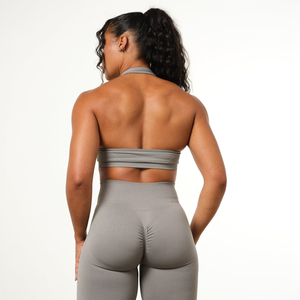 Ensemble de leggings de yoga gris sans couture taille haute pour femme avec soutien-gorge de sport et pantalon côtelé pleine longueur – Tenue de sport - Product Image 2