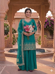 Ensemble Sharara pakistanais en crêpe vert sarcelle, entièrement cousu, avec broderie de sequins, Lehenga et Dupatta en tulle, prêt-à-porter - Product Image 6