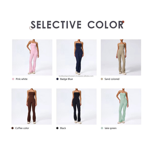 Solid Color Flared Leg Bodysuit Women's Activewear Sleeveless Full Length Yoga <b>Jumpsuit</b> Mid Waist Square Neck Front 2-Piece Set - Product Image 6