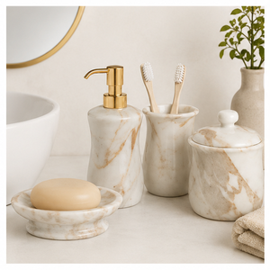 Natural White Marble Bathroom Accessory <b>Set</b> 4 Piece Handcrafted Modern <b>Set</b> with Gold Pump <b>Soap</b> Dispenser <b>Soap</b> Dish For Hotel - Product Image 2