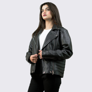 Women's Black Genuine Leather Moto Jacket Full Sleeve Turn-down Collar <b>Zipper</b> Closure Autumn Style - Product Image 6