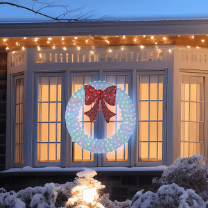 Ghirlanda Natalizia da Esterno Pre-Illuminata da 36 Pollici con Fiocco Rosso, Ghirlanda Decorativa in Metallo con Luci LED Telecomandabili e Timer - Product Image 4