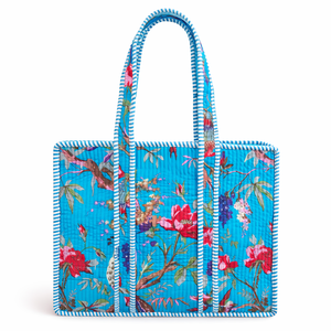 Sac fourre-tout en coton imprimé bleu ciel pour femme, léger, avec poches intérieures et fermeture éclair - Style bohème vintage toutes saisons - Product Image 1