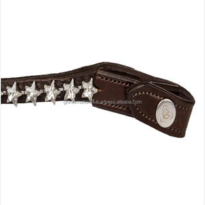 Bande de front de cheval en cuir de buffle épais noir et marron havane personnalisée avec des cristaux d'étoiles étincelantes bande de front de bride méga bling - Product Image 1