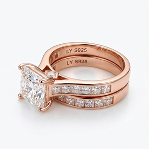 925 Silver Gold Plated Two-Piece Ring Set Three Plated Moissanite Engagement Ring Princess Square Cut Central Stone <b>Halo</b> Unisex - Product Image 3