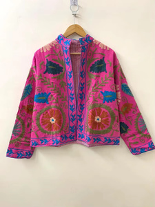 Chaqueta de Algodón Morado Hecha a Mano, Cuello Mao Elegante, Mangas Largas, Frente Abierto, Estilo Étnico, Otoño Invierno - Product Image 1