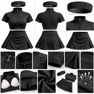 Ensemble de sport respirant 3 pièces uni pour femme : veste courte zippée, jupe-short de tennis taille haute et bandeau – Idéal pour le yoga et l'entraînement - Product Image 1