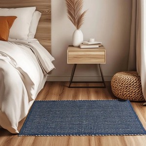Tapis moderne en coton tissé plat, rectangulaire, bleu marine uni, pour salon, décoration intérieure, lavable, avec envers en jute - Product Image 2