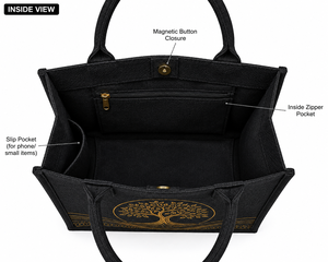 Sac fourre-tout en jute laminé noir AMANI, imprimé arbre, écologique, réutilisable, avec poche zippée en corde, vente en gros pour exposition - Product Image 4
