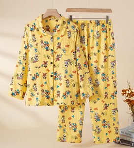 Ensemble de pyjamas pour femmes 100% coton, manches longues, imprimé cartoon, vêtements de nuit doux, longueur intégrale, boutons sur le devant, vêtements décontractés pour le printemps - Product Image 4