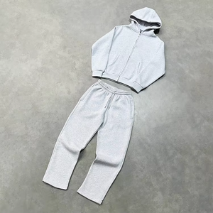 Custom Blank Acid Wash Sweat Suits Two Piece Grey Jogging Suit Women Contrast Stitch Straight Leg Baggy Sweatpants Hoodie <b>Badge</b> - Product Image 2