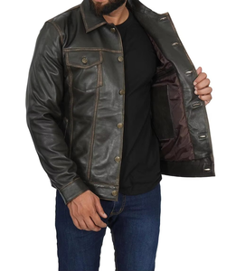 Wholesale <b>Trucker</b> Fashion Distressed Dark Brown <b>Men</b> <b>Jacket</b> Real Leather - Product Image 3