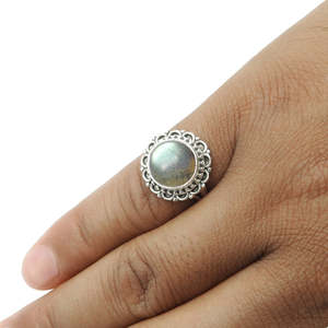 Handmade 925 Sterling Silver <b>Labradorite</b> Gemstone <b>Ring</b> Natural Bohemian Style Statement Fine Boho Jewelry With Round Cut Stone - Product Image 2