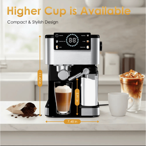 Machine à expresso professionnelle 20 bars semi-automatique avec mousseur à lait, affichage visuel de la température et de la pression, 1350W, 51mm, cafetière - Product Image 4