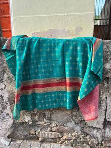 Green Color Vintage Block Printed Cotton Kantha Reversible Quilt – Handmade Indian <b>Bedspread</b> - Product Image 2