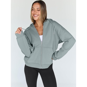 Sudadera con Capucha Extra Grande para Mujer, Color Gris Claro Sólido, Manga Larga, Cierre Frontal con Cremallera, Tejido de Punto, Estilo Casual para Otoño - Product Image 4