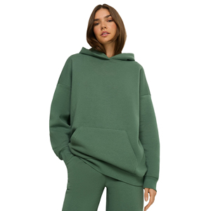 Sudadera con Capucha Oversize para Mujer, Verde Sólido, Hombros Caídos, Forro Polar, Bolsillos, 100% Algodón, Ecológica, Ligera, OEM - Product Image 1