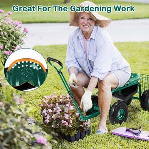 Sedile da Giardino con Rotazione a 360° e Vassoio Porta Attrezzi Estensibile su Ruote - Product Image 3