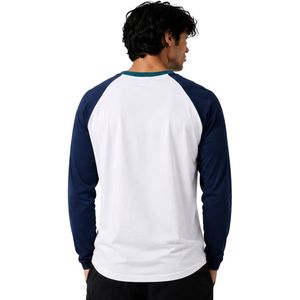 Camiseta de manga larga raglán personalizada en blanco y azul marino para hombre, de algodón premium, cuello redondo, con gráfico de béisbol, ropa personalizada OEM. - Product Image 2
