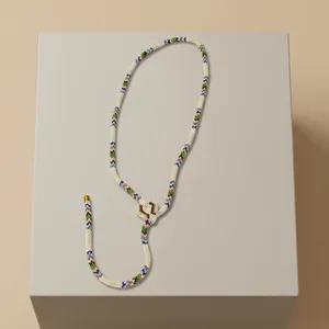 26 Inches Green <b>Beaded</b> <b>Necklace</b> With White Pattern Adjustable Knot Design Unisex Casual Jewelry Adjustable Yoke Pendant Fashion - Product Image 5
