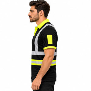 Men's Short Sleeve Hi <b>Vis</b> Reflective Polo <b>Shirt</b> Black Fluorescent Yellow Workwear Polo <b>Shirt</b> - Product Image 4